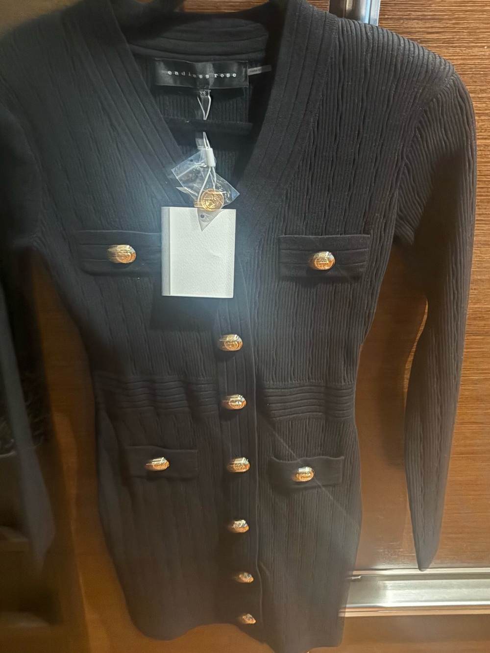 NWT Endless Rose Black Ribbed Long-Sleeve Button Dress with Gold Buttons